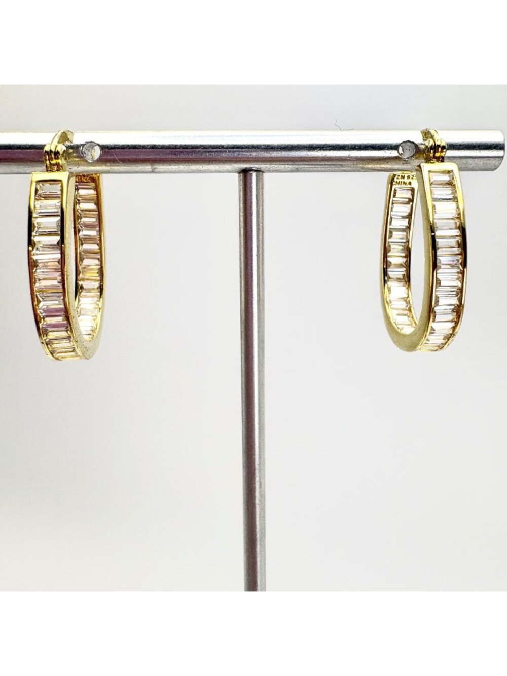 Cubic Zirconia & Gold Over Sterling Silver 925 Hoop Earrings Size 1" Length
